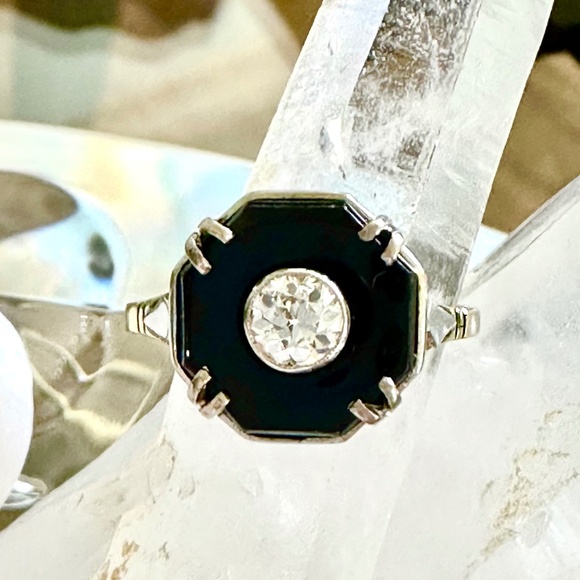 14K Art Deco Octagonal Onyx & Diamond Ring - Picture 8 of 15